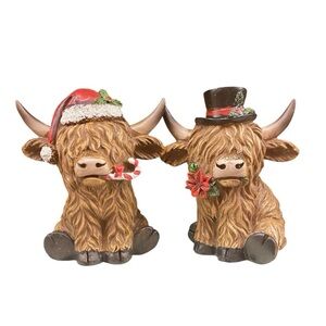 Hobby Lobby Christmas Highland Cow Set Of 2 Resin Decor Farmhouse Cows NEW